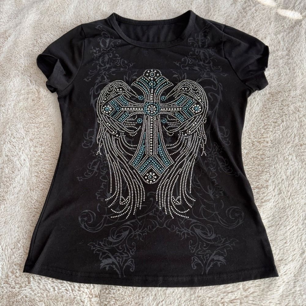 Rhinestone Cross Wing Baby Tee Womens Size M Y2K Grunge